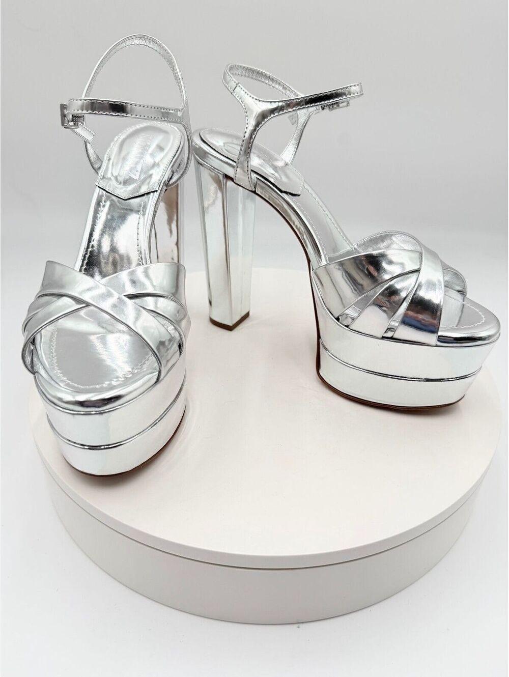 Schutz Keefa Metallic Silver Leather Platform Sandals Block Heel Size 7 NWT!